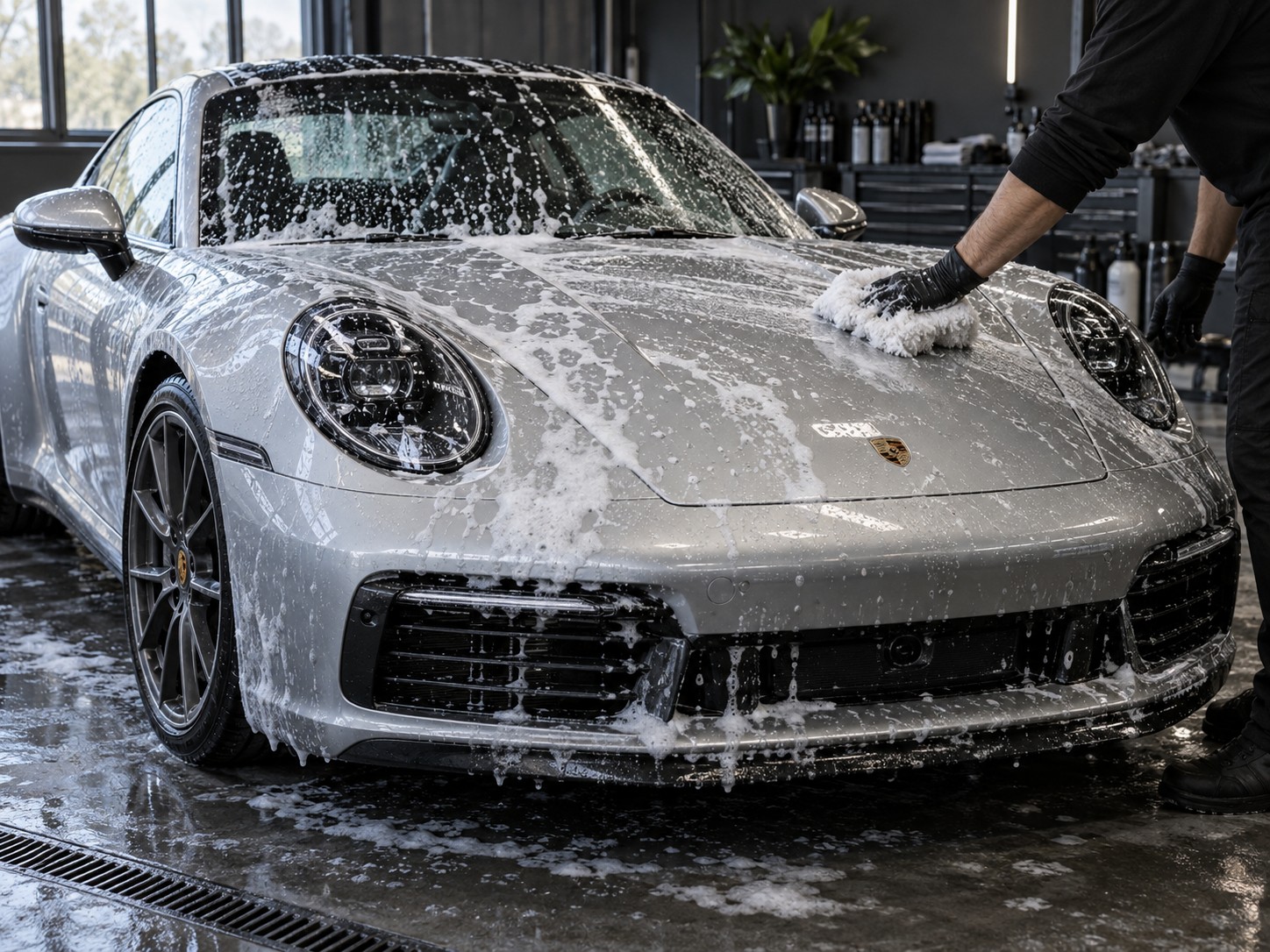 ポルシェ911を泡とミットで手洗いするAI生成イメージ