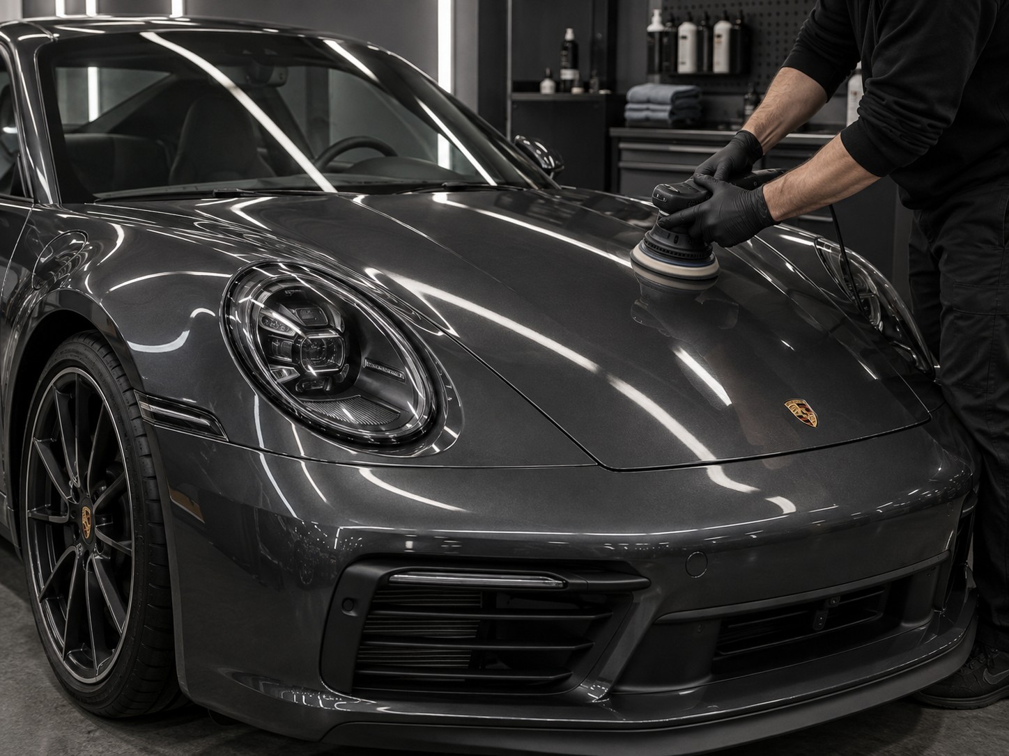 ポルシェ911のボディ磨きを題材にしたAI生成イメージ