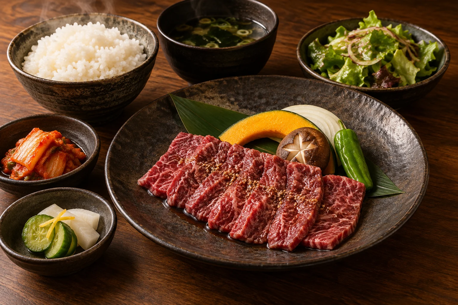 ハラミにご飯や小鉢を合わせた昼御膳